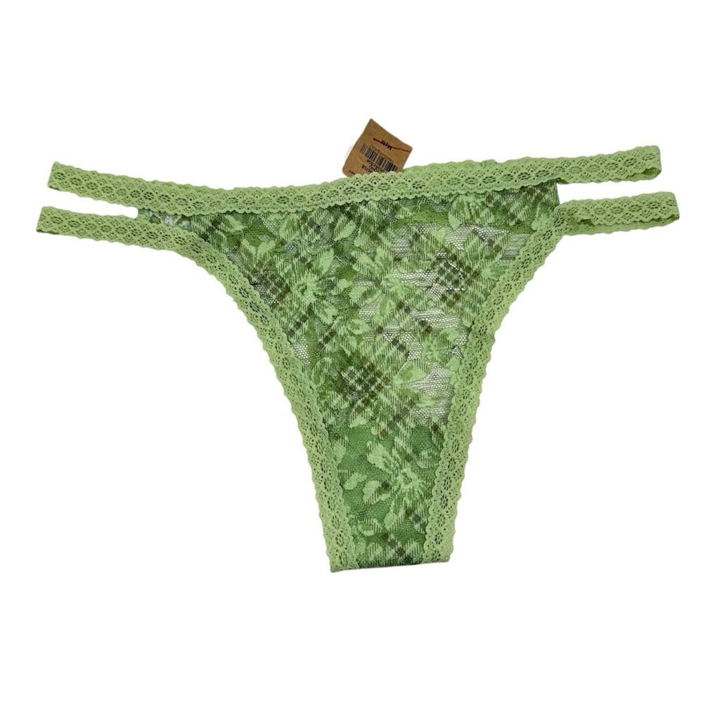 Victoria's Secret PINK Green Plaid Floral Lace Thong Panty Double Strap Lingerie